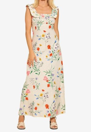 Květinové maxi šaty v béžové barvě s barevnými květinovými vzory, volánkovými ramínky a čtvercovým výstřihem. Vyrobené z lehké látky.