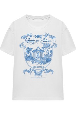 White T-shirt with blue illustration of a couple dancing under a gazebo, surrounded by trees and flowers, with text "Lady in Silver" and "Bridgerton."