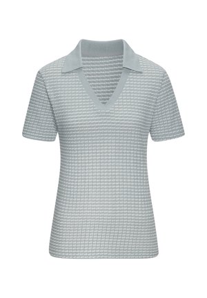Light blue knitted polo shirt with a V-neck, short sleeves, textured pattern, and contrasting collar. Smooth fabric with a subtle design.