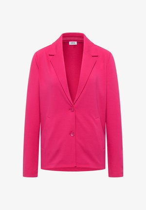 Felroze damesblazer met twee knopen aan de voorkant, reverskraag met inkeping en zijzakken.