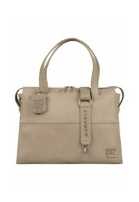Beige læder tote taske med to håndtag, en aftagelig skulderrem og præget logo. Har en lynlåslukning og en dekorativ etiket.