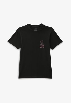 T-shirt en coton noir avec manches courtes, col rond, et un motif de cactus rose avec le mot "VANS" sur le côté gauche de la poitrine.