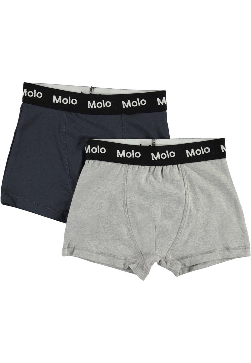 To par med gutterboxere i mørkegrått og lysegrått, laget av myk stoff. Begge har svarte elastiske midjebånd med "Molo"-logo.