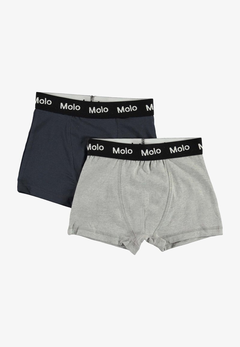 Dvapara fantovskih hlačic v temno sivi in svetlo sivi barvi, izdelanih iz mehke tkanine. Obe imata črne elastične pasove s logotipom "Molo".