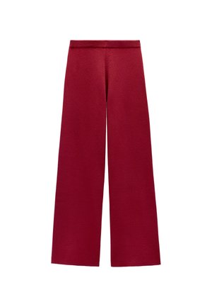 Spodnie o szerokich nogawkach w głębokiej czerwonej tkaninie, z dzianinowym paskiem w talii i gładką fakturą, zaprojektowane z myślą o komforcie i swobodzie ruchów.