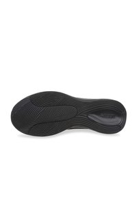 Semelle de chaussure en caoutchouc noir avec des rainures et des motifs texturés, présentant le logo MBT en relief près du talon. Bords lisses et forme arrondie.