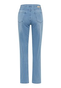 Light blue denim jeans with a straight-leg cut, featuring two back pockets and a simple waistband label. Smooth texture and even color.