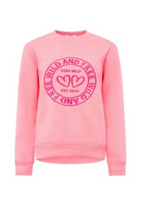 Rosa Sweatshirt mit langen Ärmeln, rundem Ausschnitt und strukturiertem Grafikdesign mit Herzen und Text. Der Stoff hat eine weiche, glatte Oberfläche.