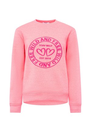 Rosa Sweatshirt mit langen Ärmeln, rundem Ausschnitt und strukturiertem Grafikdesign mit Herzen und Text. Der Stoff hat eine weiche, glatte Oberfläche.