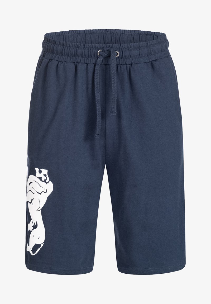 Sötétkék pamut rövidnadrág, rugalmas derékrésszel és zsinórral. A bal lábon egy nagy fehér bulldog grafika található.