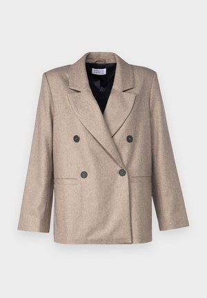 Bež ženski sako s dvema kvadratnima reverjema, črnimi gumbi in dvema sprednjima žepoma. Narejen iz strukturirane tkanine, z rahlo prenapihnjenim krojem.