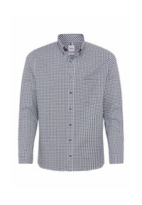 Langärmliges kariertes Hemd in Marineblau und Weiß, mit Button-down-Kragen, einer Brusttasche und blauen Knöpfen. Glatte Stofftextur.