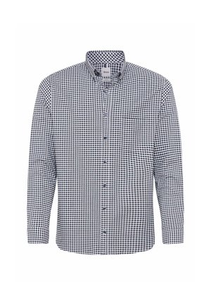 Camicia a maniche lunghe a quadri in navy e bianco, con colletto button-down, taschino sul petto e bottoni blu. Tessuto morbido.