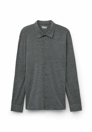 Dunkelgraues Langarmshirt aus Merinowolle mit einer Knopfleiste, klassischem Kragen und strukturierter Oberfläche.