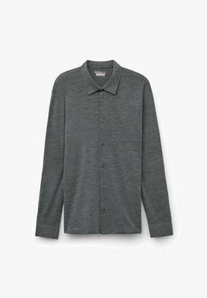 Donkergrijze long-sleeve shirt van merinowol, met een knoopsluiting aan de voorkant, een klassieke kraag en een gestructureerde stof.