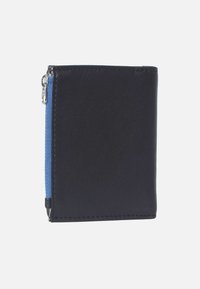 Black leather wallet with blue accent, rectangular shape, smooth texture, and a zippered compartment. Stitching detail is visible.