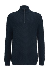 Marineblauer Pullover mit hohem Kragen und halbem Reißverschluss. Strukturiertes Rautenmuster, lange Ärmel sowie gerippter Saum und Bündchen. Leichtes, gestricktes Material.
