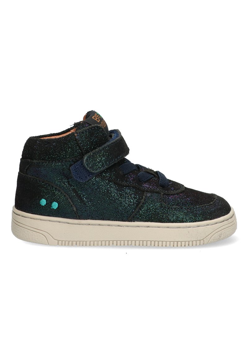 High-top sneakers in dark glittery fabric, with navy accents and Velcro strap. Rubber sole with textured tread and light blue details.