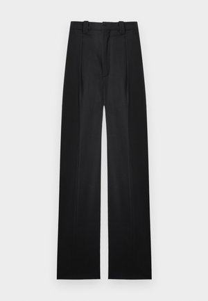 Black high-waist tailored trousers with belt loops, front pleats, and straight wide legs on white background.