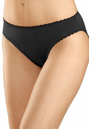 Black nylon boyshort underwear with scalloped trim, featuring a smooth texture and elastic waistband, designed for comfort and coverage.