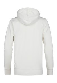 Weißes Hoodie mit einer geräumigen Kapuze, langen Ärmeln und gerippten Bündchen. Glattes Gewebe mit einem einfachen, schlichten Design und ohne sichtbare Muster.