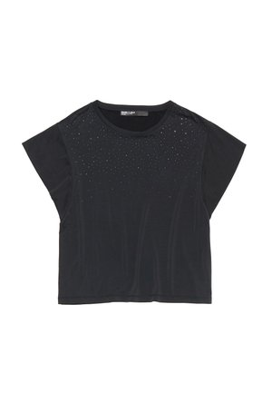 Black short-sleeve t-shirt with a relaxed fit, featuring a studded pattern on the front above the chest. Soft, lightweight fabric.