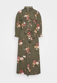 Florales Hemdkleid in Olivgrün, mit großen Rosen- und Blumenmustern, langen Ärmeln, einer durchgehenden Knopfleiste und einem Taillengürtel.