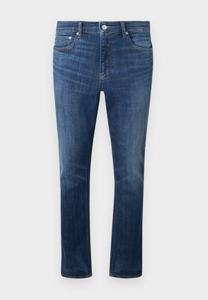 Blugi denim albaștri pentru bărbați, cu cinci buzunare, închidere cu nasturi și detalii estompate pe coapse și genunchi, afișați pe fundal alb.