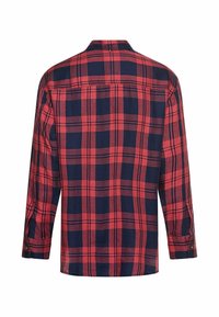 Rood- en marineblauw geruite flanellen shirt met lange mouwen, knoop manchetten en een rechte zoom, met een yoke en twee rugplooien.