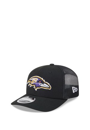 Black mesh-back cap with Baltimore Ravens logo on front and New Era logo on side, featuring a curved brim and adjustable snap closure.