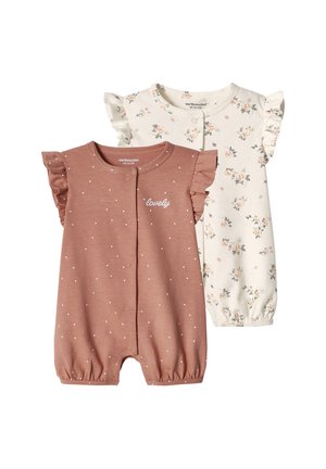 Two baby rompers with ruffled sleeves; one dusty pink with white dots and "lovely" text, the other cream with a small floral pattern.
