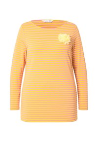Maglietta a maniche lunghe a righe rosa e gialle, realizzata in tessuto morbido. Presenta un'applicazione floreale sul lato sinistro. Collo tondo e vestibilità rilassata.
