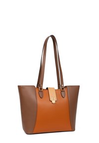 Borsa a tracolla marrone e arancione con texture liscia, forma strutturata, doppie maniglie e un pattino centrale con metalleria dorata.