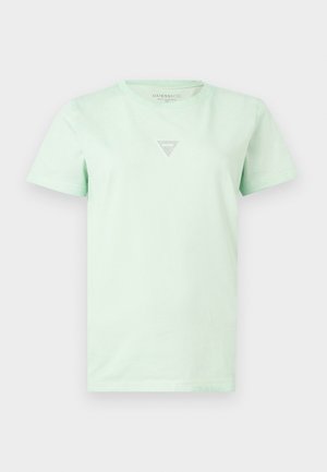 T-shirt vert clair à manches courtes et col rond avec un petit logo triangulaire gris centré sous le col.