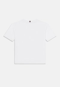 White short-sleeve t-shirt with a round neckline. Features a colored stripe accent on the back neck. Made from smooth, lightweight fabric.