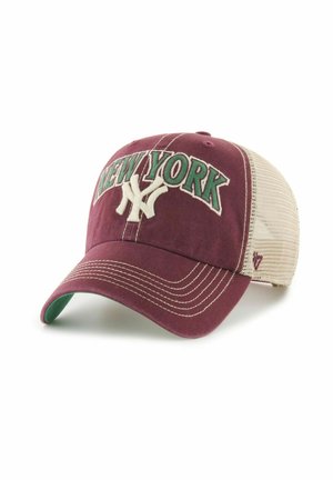 Dunkelroter Baseballcap mit beigem Mesh-Rücken, weißem "NY"-Logo und grünem "NEW YORK"-Text auf dem vorderen Paneel eingestickt.