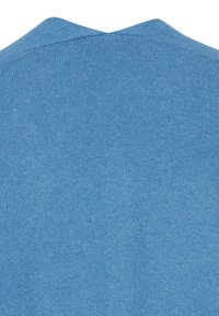 Blauer gestrickter Pullover mit glatter Textur, V-Ausschnitt sowie geripptem Saum und Bündchen. Keine sichtbaren Muster oder Metallteile.