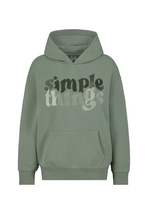 Green hoodie featuring a front kangaroo pocket, ribbed cuffs, and a hood. "simple things" graphic in varying shades of green and gray.