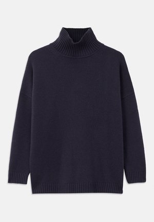Dark navy turtleneck sweater made from knit material, featuring ribbed cuffs and hem, with a relaxed, loose fit and long sleeves.