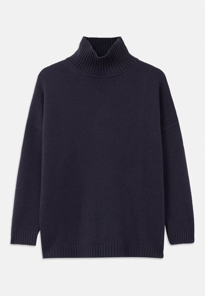 Dark navy turtleneck sweater made from knit material, featuring ribbed cuffs and hem, with a relaxed, loose fit and long sleeves.