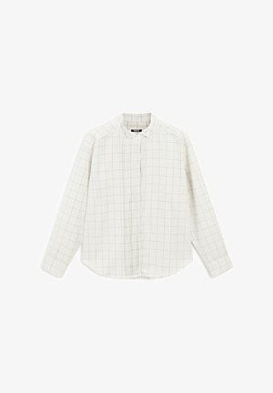 Witte shirt met een ruitpatroon, voorzien van een staande kraag, knopenlijst en lange mouwen. Zachte stof met gestructureerde plooien aan de voorkant.