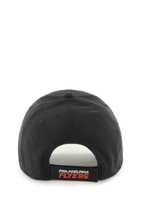 Black cap with a curved brim, adjustable strap, and a back patch featuring "PHILADELPHIA FLYERS" in red lettering. Plain fabric texture.