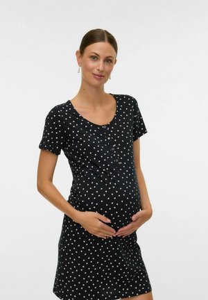 Black maternity dress made of soft fabric, featuring a scoop neck, short sleeves, and small pink heart patterns. Front button detailing visible.