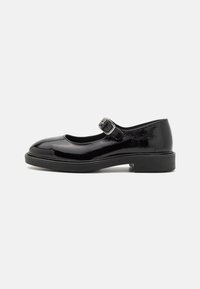 Black patent leather Mary Jane shoe with round toe, adjustable buckle strap, low block heel, and smooth glossy finish.