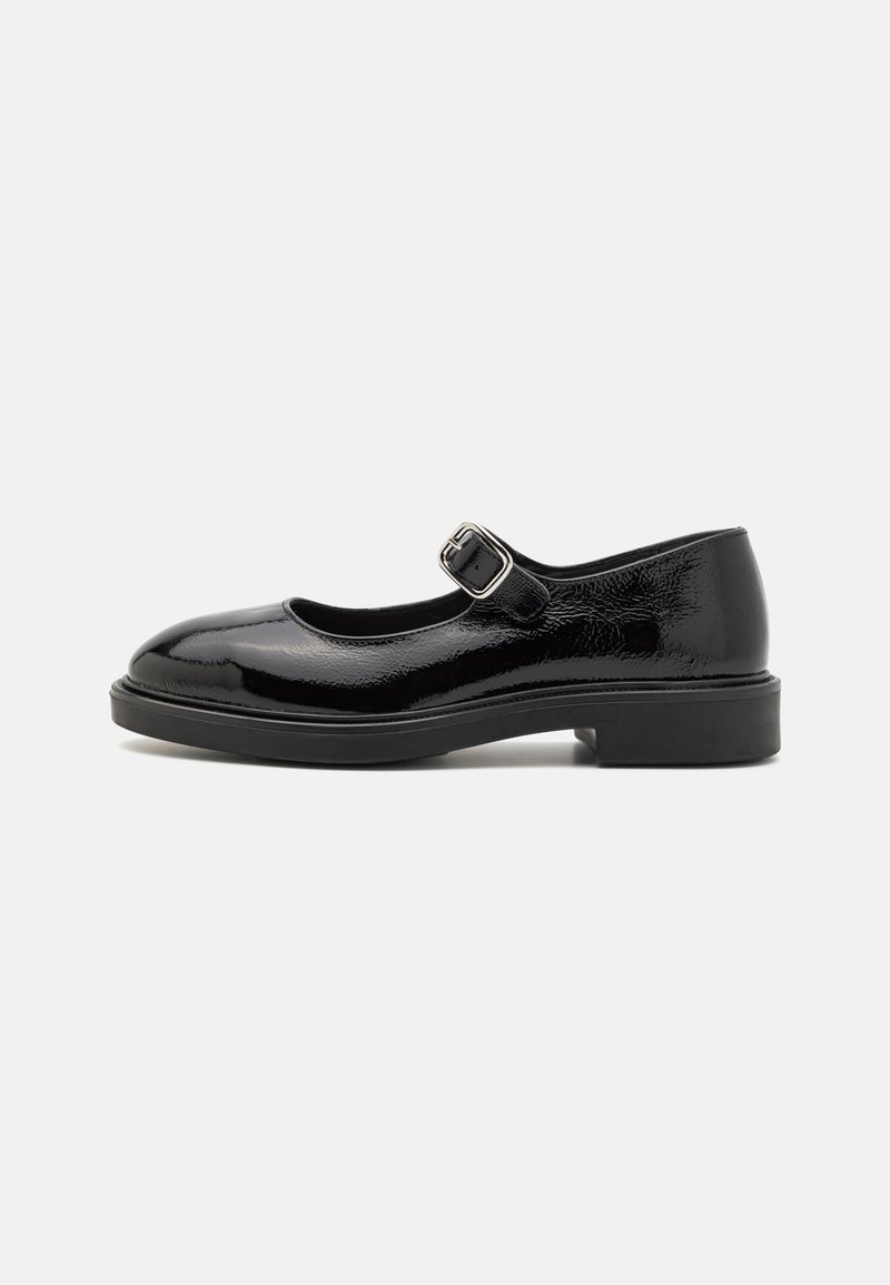 Black patent leather Mary Jane shoe with round toe, adjustable buckle strap, low block heel, and smooth glossy finish.