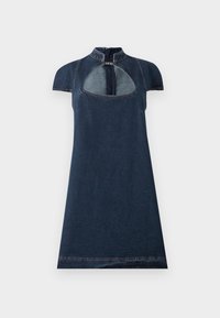 Denim kleita ar augstu apkakli, īsām puskabacīm un priekšējo izgriezumu. Tumši zila krāsa ar kontrastējošu šuvju apdari ap apakšu.