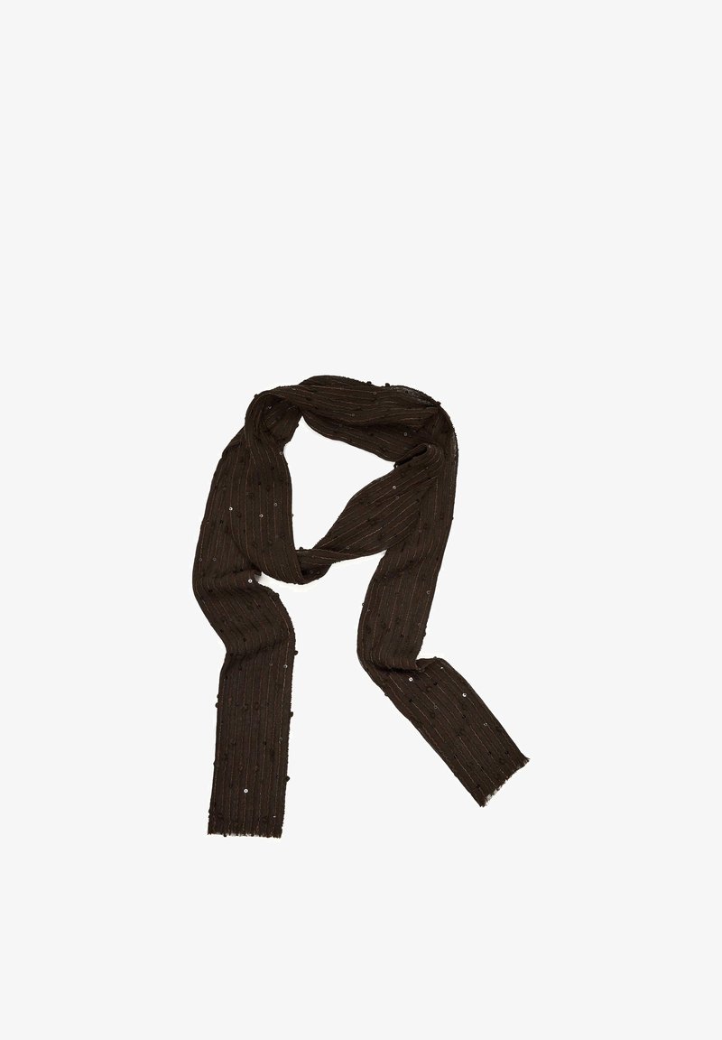 Fular tricotat maro închis cu dungi verticale și paiete rotunde mici presărate pe toată lungimea.