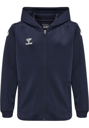 Marine blauwe zip-up hoodie gemaakt van zachte stof, met een capuchon, zijzakken en witte accenten op de schouders met een klein logo.