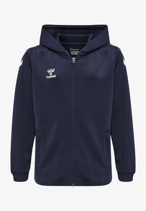 Navy zip-up hoodie made of soft fabric, featuring a hood, side pockets, and white accents on the shoulders with a small logo.