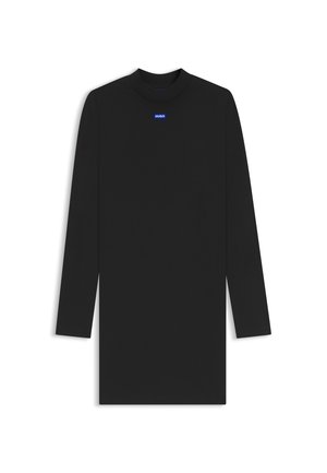 Black long-sleeve top made of smooth fabric, featuring a high neckline and a small blue logo. Simple, minimalistic design with no patterns.